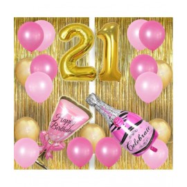 1 Bottle (Pink) + 1 Glass (Pink) + 30 Metallic Balloon (Pink,Gold) + 2 Fringe (Golden) + 21 Number Foil (Golden)