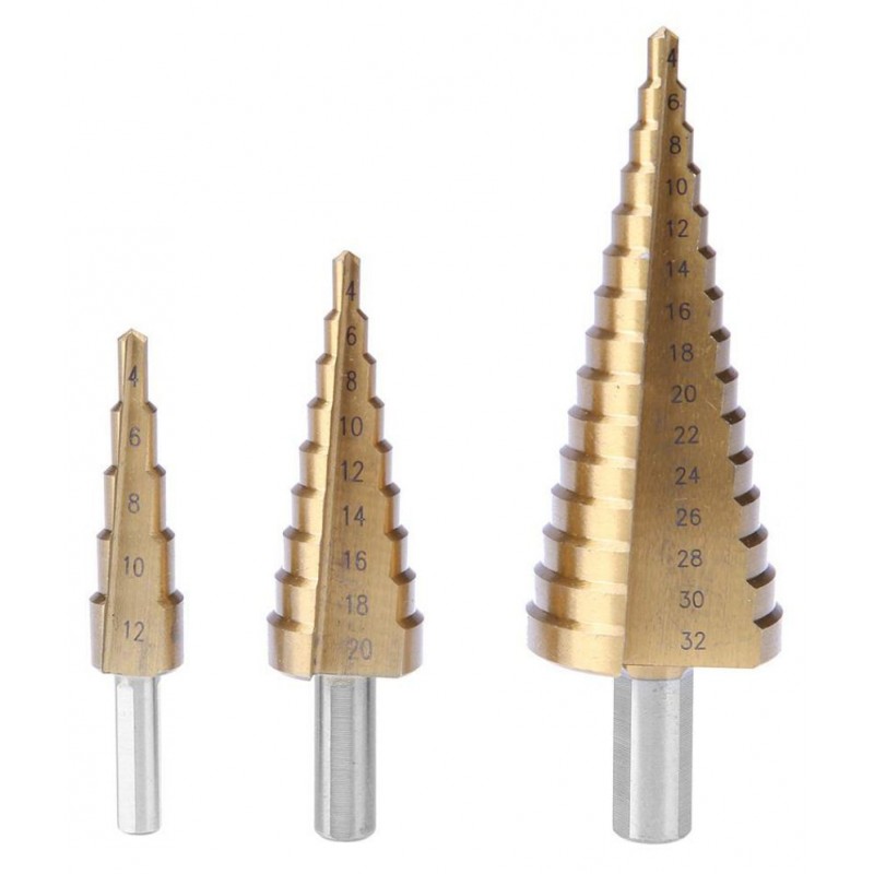 3pcs 4-12/20/32mm Titanium Step Cone Hole Drill Bit Reamer Triangle Shank