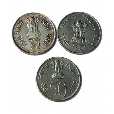 50 PAISE 3 COINS SET NEHRU, INDIRA GANDHI, MAHATMA GANDHI, FOR COLLECTIONS
