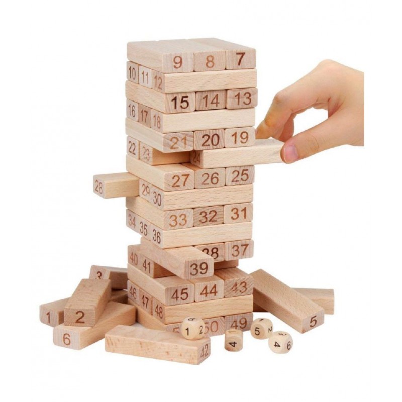 54 Pcs Blocks 4 Dices Wooden Tumbling Stacking Jenga Building Tower Game