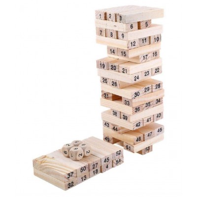 54 Pcs Blocks 4 Dices Wooden Tumbling Stacking Jenga Building Tower Game