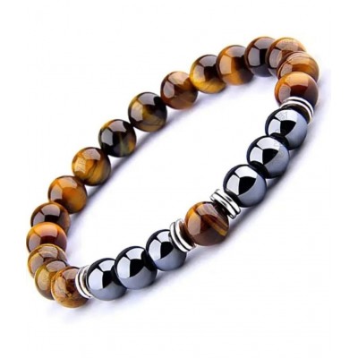 8mm Yellow Tiger Eye With Hematite Natural Agate Stone Bracelet