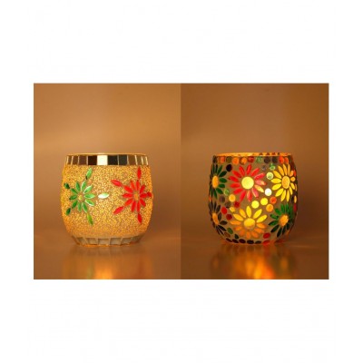 AFAST Multicolour Table Top Glass Tea Light Holder - Pack of 2