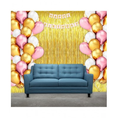 AMAZING XPERIENCE 33 Pcs Combo, Pink, White, Golden Metallic Balloons Decoration For Girls, Golden Foil Fringe Curtain, Baby Pink Color Golden Gradient Happy Birthday Banner for Birthday Decoration