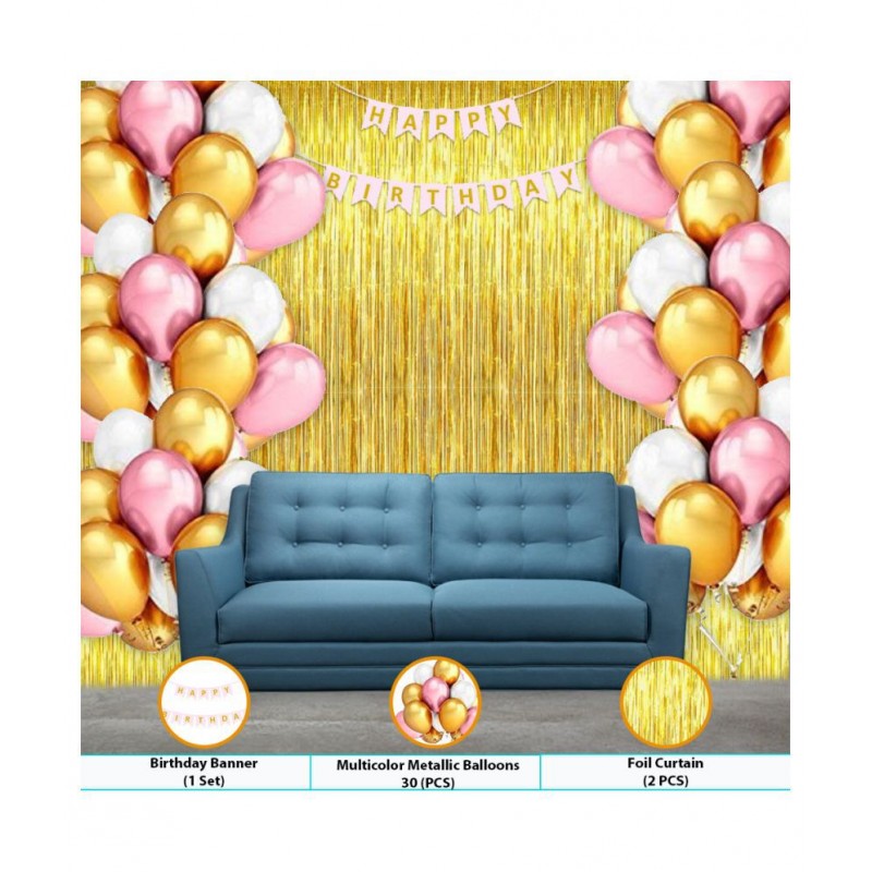 AMAZING XPERIENCE 33 Pcs Combo, Pink, White, Golden Metallic Balloons Decoration For Girls, Golden Foil Fringe Curtain, Baby Pink Color Golden Gradient Happy Birthday Banner for Birthday Decoration