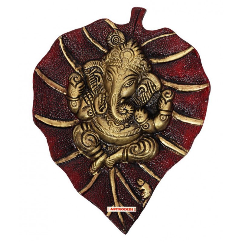 ASTRODIDI Lord Ganesha on Leaf Wall Hanging for Vastu, Metal Pan Patta Ganesh Decorative Showpiece Figurine (18X14 cm)