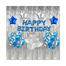 Aadya Craft & Decor Happy Birthday Decoration Kit Combo of 47 Pc. with Foil HBD Banner, Curtain and Balloons (Blue & Silver)