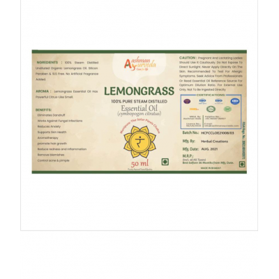 Aashman Ayurveda Pure Steam Distilled & Undiluted Essential Oil Lemon Grass Cymbopogon Citratus 50ML