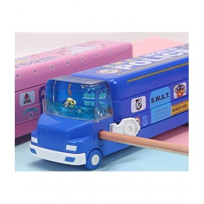 AdiChai Bus Pencil Box with Three Level Storage Capacity,Inside sharpner, Cartoon Printed,Multi-Functional Stationery School Box with Moving Tyre Gift for Kids ( Metal) , (Set of 1 - Random Colour)