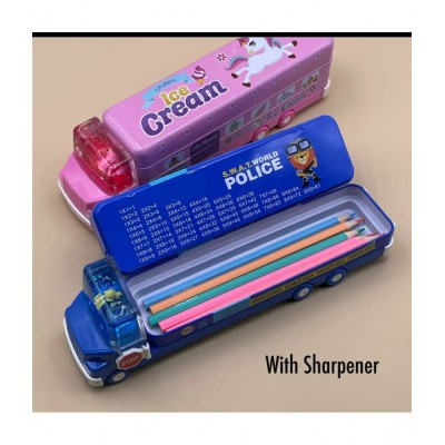 AdiChai Bus Pencil Box with Three Level Storage Capacity,Inside sharpner, Cartoon Printed,Multi-Functional Stationery School Box with Moving Tyre Gift for Kids ( Metal) , (Set of 1 - Random Colour)
