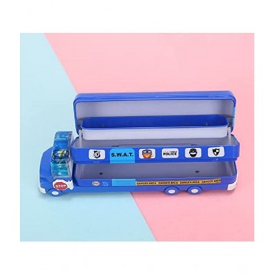 AdiChai Bus Pencil Box with Three Level Storage Capacity,Inside sharpner, Cartoon Printed,Multi-Functional Stationery School Box with Moving Tyre Gift for Kids ( Metal) , (Set of 1 - Random Colour)
