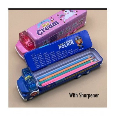 AdiChai Bus Pencil Box with Three Level Storage Capacity,Inside sharpner, Cartoon Printed,Multi-Functional Stationery School Box with Moving Tyre Gift for Kids ( Metal) , (Set of 1 - Random Colour)