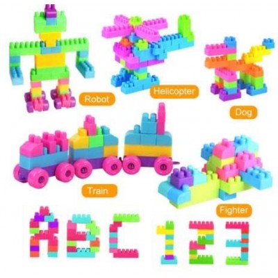 AdiChai Plastic 46 Pcs Blocks Play and Learn Building Blocks , 46 Pcs Including Wheels , Bag Packing, Best Gift Toy, Multicolor