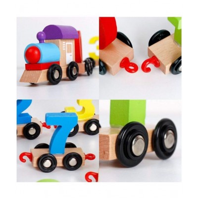 Adichai Wood Train Toy Set, 1 Train Head, 1 Train Tail and 10 Trains with 0-9 Figures, Multicolour