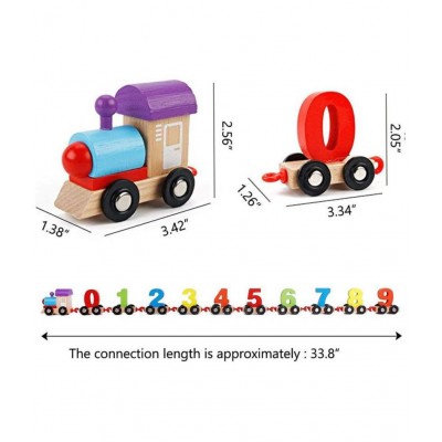 Adichai Wood Train Toy Set, 1 Train Head, 1 Train Tail and 10 Trains with 0-9 Figures, Multicolour