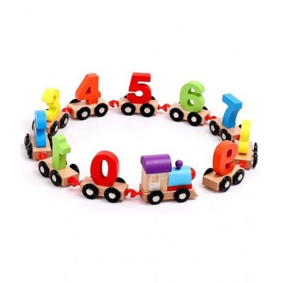 Adichai Wood Train Toy Set, 1 Train Head, 1 Train Tail and 10 Trains with 0-9 Figures, Multicolour