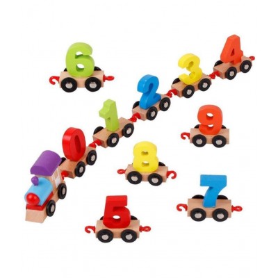 Adichai Wood Train Toy Set, 1 Train Head, 1 Train Tail and 10 Trains with 0-9 Figures, Multicolour