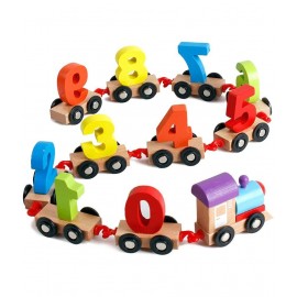 Adichai Wood Train Toy Set, 1 Train Head, 1 Train Tail and 10 Trains with 0-9 Figures, Multicolour