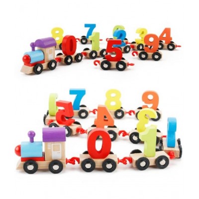 Adichai Wood Train Toy Set, 1 Train Head, 1 Train Tail and 10 Trains with 0-9 Figures, Multicolour