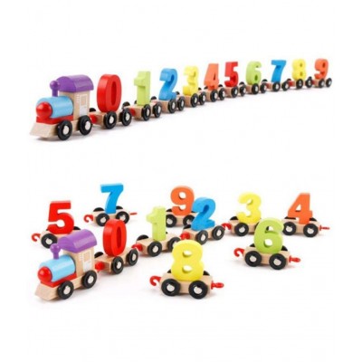 Adichai Wood Train Toy Set, 1 Train Head, 1 Train Tail and 10 Trains with 0-9 Figures, Multicolour