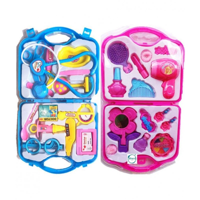 Amisha Gift Gallery Combo of Doctor Set and Beauty Set for Kids, Pretend Play Toy for Boys and Girls with Medical and Makeup Kit Accessories