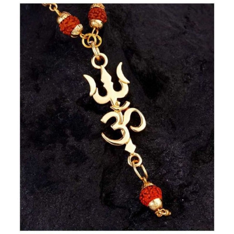 Amriteous  Religious Jewelry Lord Shiv Trishul Om With Puchmukhi Rudraksha Mala Gold-plated Plated Wood Chain Gold-plated Brass, Wood