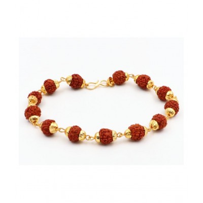 Arkam Gold Plated Rudraksha Bracelet Plain/ Rudraksha Bracelet for men and women / Five Mukhi Rudraksha Bracelet (Length: 8", 13 beads, Gold Plated Finish)