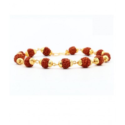 Arkam Gold Plated Rudraksha Bracelet Plain/ Rudraksha Bracelet for men and women / Five Mukhi Rudraksha Bracelet (Length: 8", 13 beads, Gold Plated Finish)