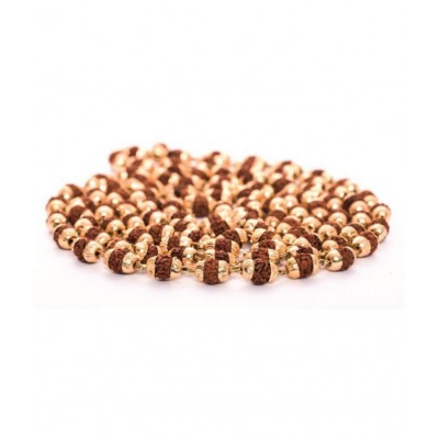 Arkam Yellow Metal Capped Rudraksha Mala/ 100% Natural Rudraksha Mala with Yellow Metal Capping/ Original Rudraksha mala set in Yellow Metal (Size: 5mm, Beads: 108+1, Length: 40 inches)