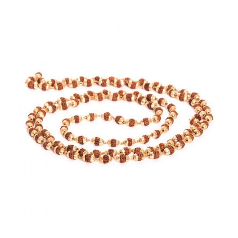 Arkam Yellow Metal Capped Rudraksha Mala/ 100% Natural Rudraksha Mala with Yellow Metal Capping/ Original Rudraksha mala set in Yellow Metal (Size: 5mm, Beads: 108+1, Length: 40 inches)