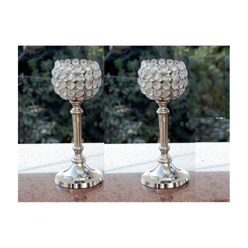 Arsalan Silver Table Top Crystal Tea Light Holder - Pack of 2