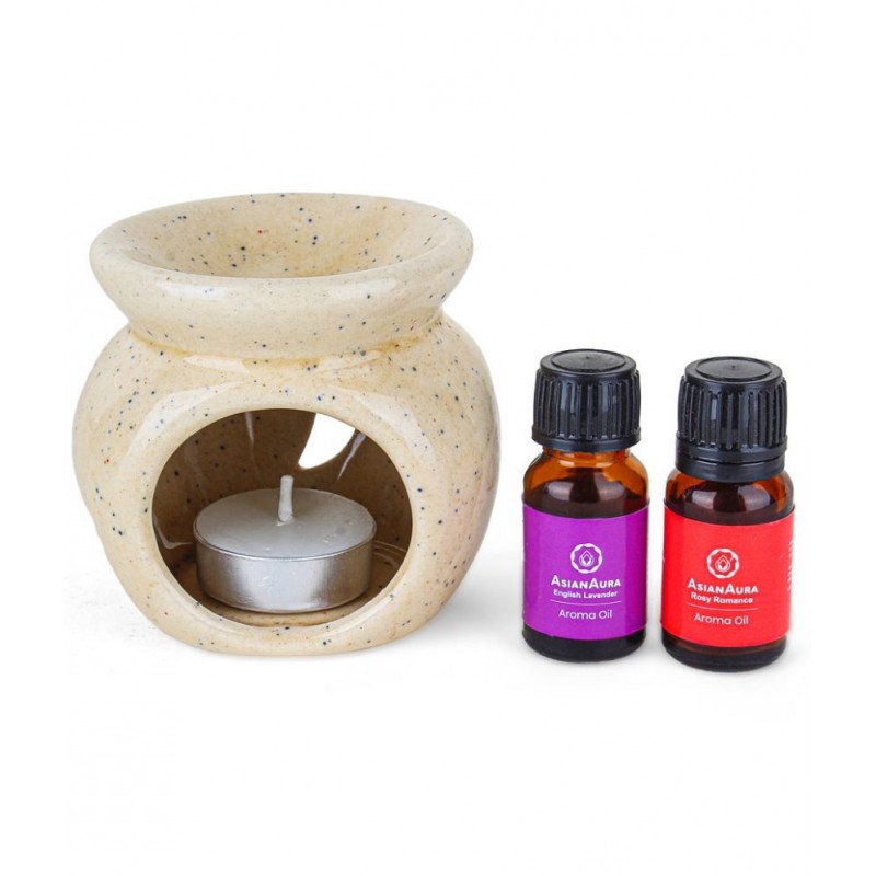 Asian Aura Aroma Diffuser Candle Burner for Home Fragrance Tea-Light Diffuser with 2X 10 ml Aroma Oil Fragrance Rosy Romance & English Lavender 1 Tea Light Candle (Brown Ceramic Pot)