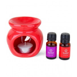 Asian Aura Ceramic Aroma Diffuser Oil Burner/ Warmer T-Light Candle Diffuser for Home Fragrance/ Office/ Restaurant with Aroma Oil (10 ml Aroma Oil in Fragrance of Rosy Romance & English Lavender ) Red Ceramic Pot