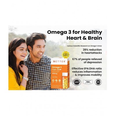 BBETTER Omega 3 Fish Oil 1000mg - 60 Softgels | High Strength for Healthy Heart, Brain & Body, Omega 3 Fatty Acid Capsules for women & men