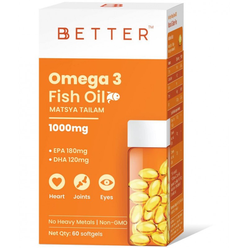 BBETTER Omega 3 Fish Oil 1000mg - 60 Softgels | High Strength for Healthy Heart, Brain & Body, Omega 3 Fatty Acid Capsules for women & men