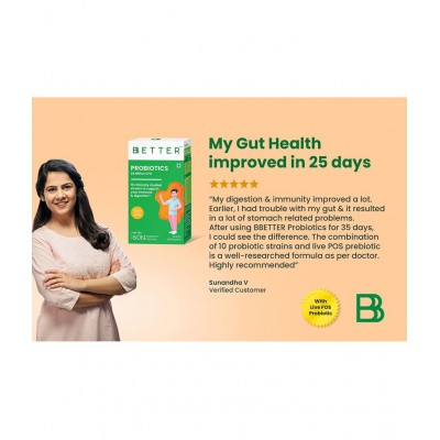 BBETTER Probiotics 24 Billion CFU with 10 Probiotic Strains and a Live Prebiotic | Probiotic Supplement for Men & Women to help improve Gut health Digestion and Immunity - 60 Veg Capsules BBETTER Probiotics 24 Billion CFU with 10 Probiotic Strains and a Live Prebiotic | Probiotic Supplement for Men & Women to help improve Gut health Digestion and Immunity - 60 Veg Capsules