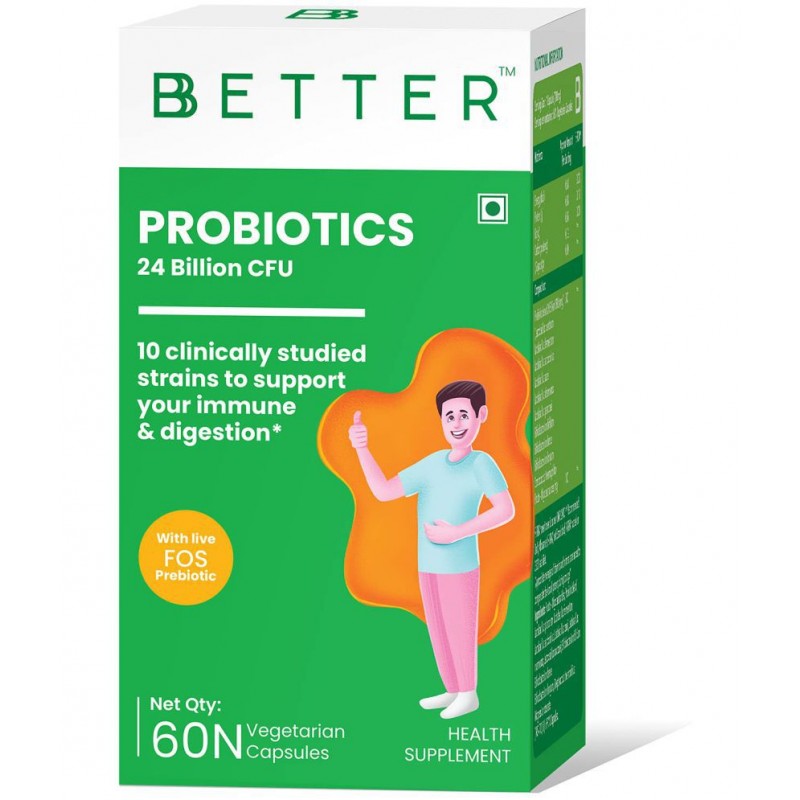 BBETTER Probiotics 24 Billion CFU with 10 Probiotic Strains and a Live Prebiotic | Probiotic Supplement for Men & Women to help improve Gut health Digestion and Immunity - 60 Veg Capsules BBETTER Probiotics 24 Billion CFU with 10 Probiotic Strains and a Live Prebiotic | Probiotic Supplement for Men & Women to help improve Gut health Digestion and Immunity - 60 Veg Capsules