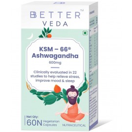 BBETTER VEDA Organic Ashwagandha Powder Capsules 600mg of KSM 66 Helps relieving Stress and Improves Mood & Sleep - 60 Veg Capsules