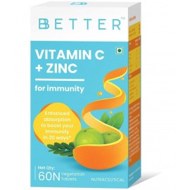 BBETTER Vitamin C and Zinc tablets for Immunity | With Amla Extract, Orange Peel Extract and Alfafa powder for immunity and skin health - 60 Veg Tablets