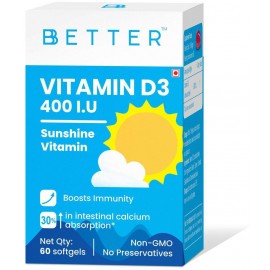BBETTER Vitamin D Supplement - Easy to swallow premium Vitamin D Softgels - For Immunity, Healthy Bones & Strong Muscles - Vitamin D Tablets (Cholecalciferol) - 60 Softgels - 400IU Recommended Dosage