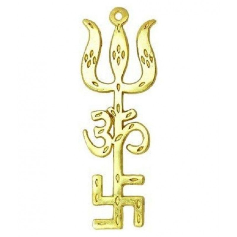 BRASS Tri shakti Yantra (Swastik Om Trishul Symbol) ( SMALL SIZE 3.5 INCH )