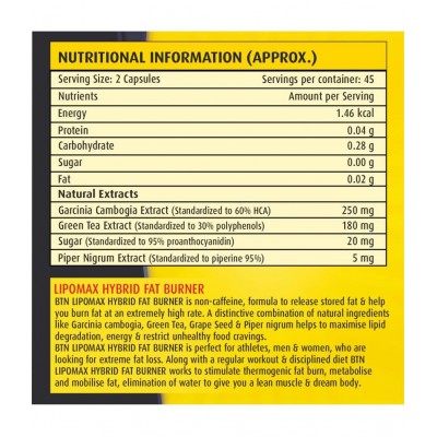 BTN Lipomax Hybrid Fat Burner and Weight Loss Capsules 90 no.s Unflavoured Single Pack