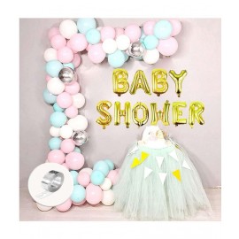 Balloon Junction Themez Only Baby Shower Party Decoration Banner (GOLD) with Balloons (Baby Pink / Aqua / Std White / Silver Chrome) - Total Pack of 60 pcs