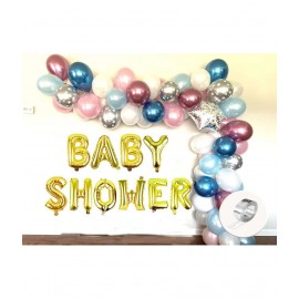 Balloon Junction Themez Only Baby Shower Party Decoration Banner (GOLD) with Balloons (Metallic Blue / Pink / White & Chrome Blue / Pink & Silver Polka) - Total Pack of 70 pcs