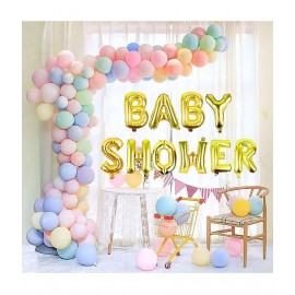 Balloon Junction Themez Only Baby Shower Party Decoration Banner (GOLD) with Balloons (Multicolor Pastel/ Macaroon) - Total Pack of 60 pcs