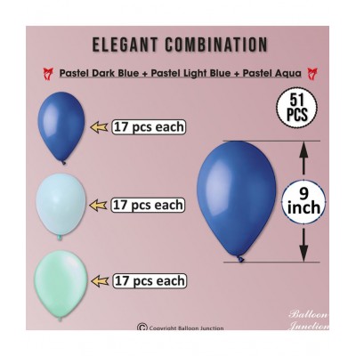 Balloon Junction Themez Only Pastel Color Balloons for Decoration - Pack of 50 pcs (Matt D Blue , Matt L Blue & Aqua )- Pack of 51 pcs