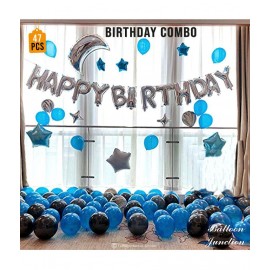 Balloon Junction Themez Only "Happy Birthday" Letter Foil Balloon Set, (Silver) / Star Foil Balloons for Birthday, Latex Balloons (Blue + Black) - Total pack of 47 pcs Balloon Junction Themez Only "Happy Birthday" Letter Foil Balloon Set, (Silver) / Star Foil Balloons for Birthday, Latex Balloons (Blue + Black) - Total pack of 47 pcs