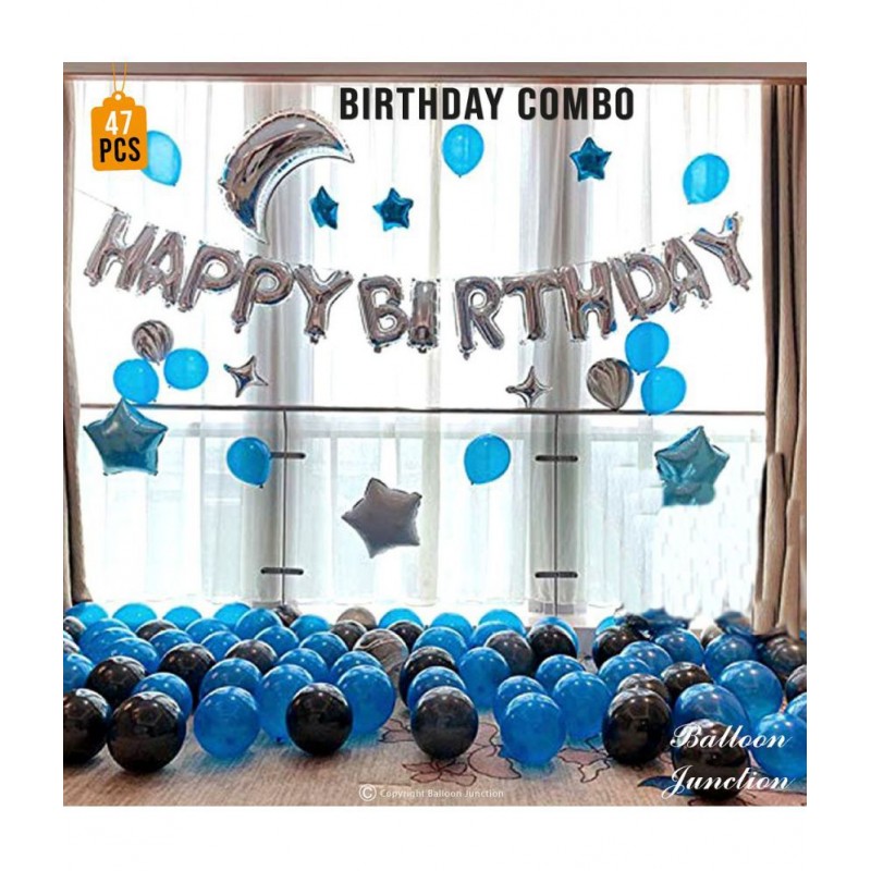 Balloon Junction Themez Only "Happy Birthday" Letter Foil Balloon Set, (Silver) / Star Foil Balloons for Birthday, Latex Balloons (Blue + Black) - Total pack of 47 pcs