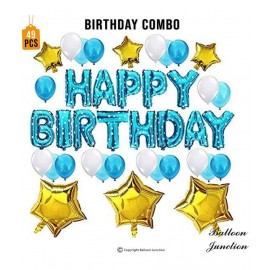 Balloon Junction Themez Only "Happy Birthday" Letter Foil Balloon Set of 13 Letters (BLUE) with 30 pcs D Blue , Blue & White Metallic Balloons and 6 pcs Gold STAR Foil - Pack of 49 pcs Balloon Junction Themez Only "Happy Birthday" Letter Foil Balloon Set of 13 Letters (BLUE) with 30 pcs D Blue , Blue & White Metallic Balloons and 6 pcs Gold STAR Foil - Pack of 49 pcs