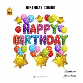Balloon Junction Themez Only "Happy Birthday" Letter Foil Balloon Set of 13 Letters (MULTI) with 30 pcs Multicolor Polka Balloons and 6 pcs Gold STAR Foil - Pack of 49 pcs Balloon Junction Themez Only "Happy Birthday" Letter Foil Balloon Set of 13 Letters (MULTI) with 30 pcs Multicolor Polka Balloons and 6 pcs Gold STAR Foil - Pack of 49 pcs